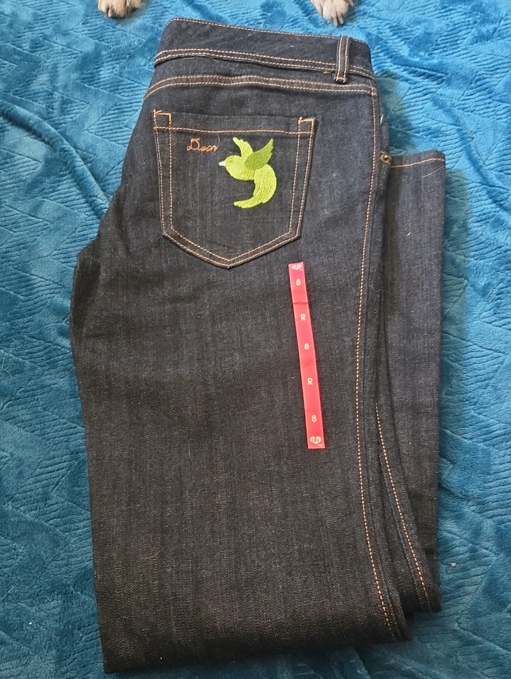 Dark Blue Women’s Jeans with Green Embroidered Detail